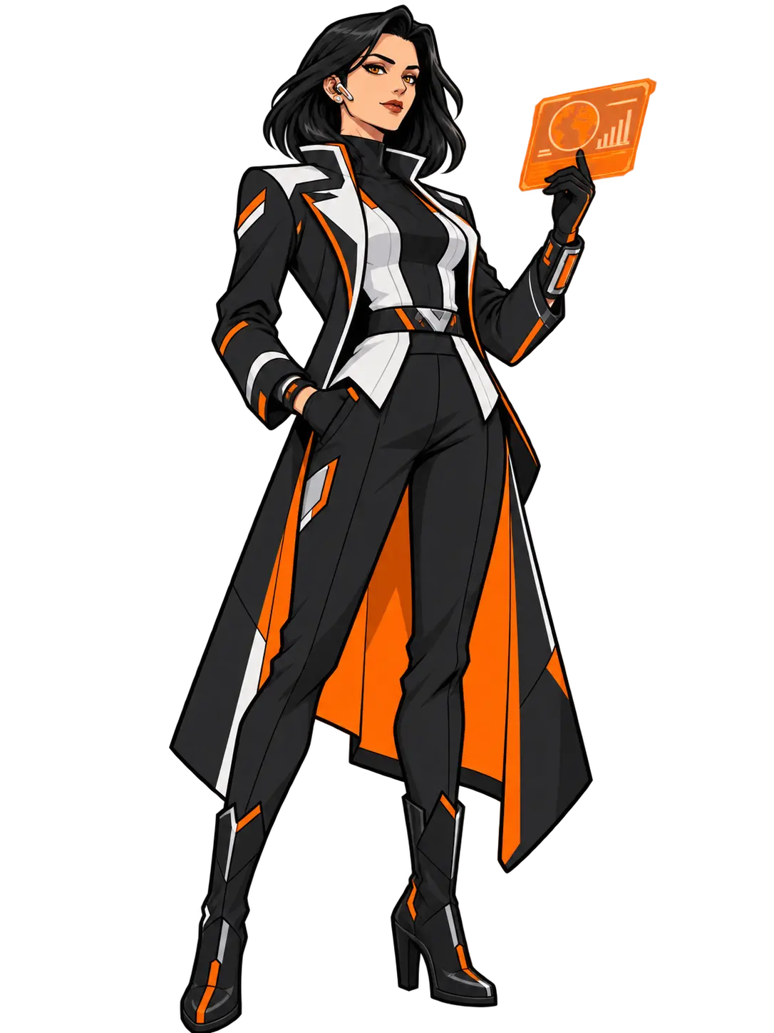 Illustration de Nyxtine Kelebrin tenant un écran d'analyse orange.