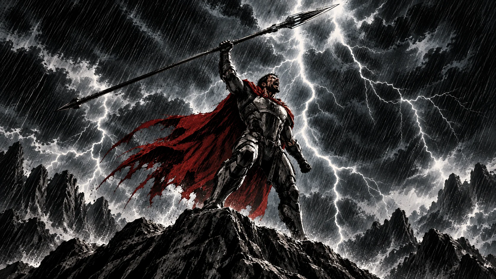 Achille lève sa lance sous un ciel zébré d’éclairs, vêtu d’une armure et d’une cape rouge.