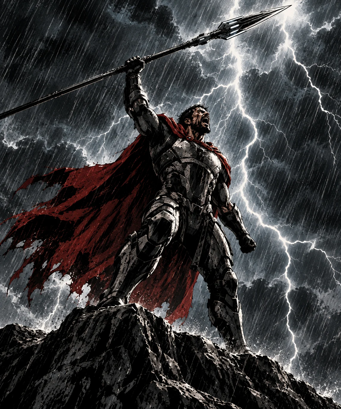 Achille, la Lance d’Asterion, sur un sommet rocheux, sa lance levée au cœur de la tempête.