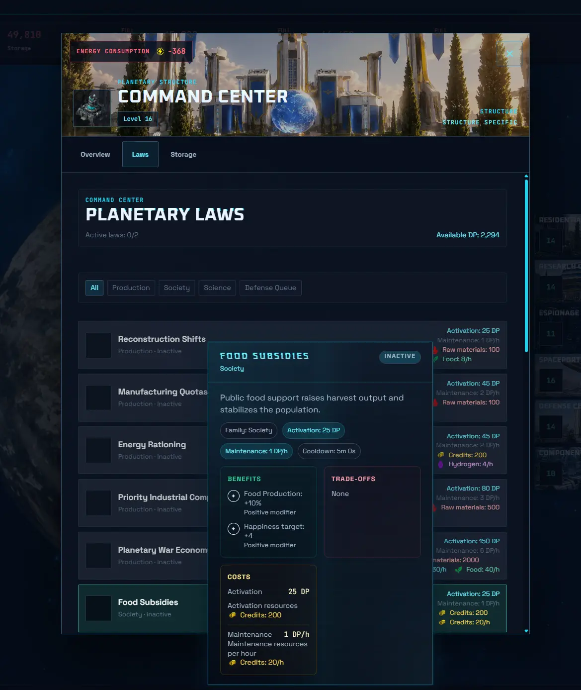 Écran d'application des lois planétaires dans Nexus: Downfall