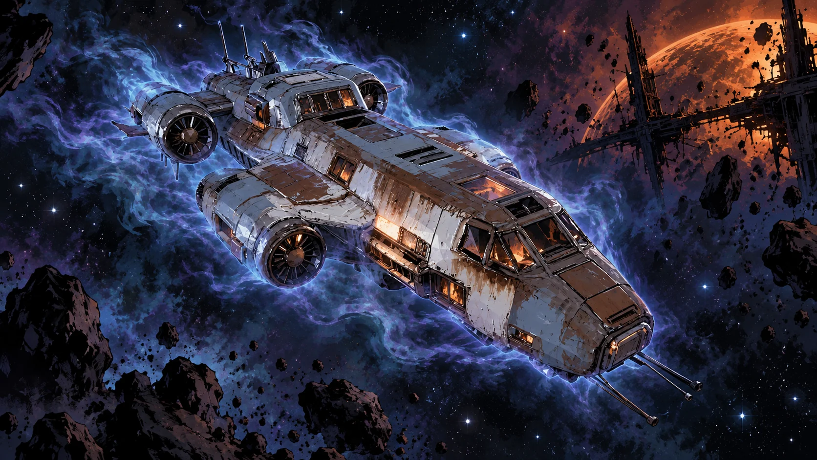 Ein von blauer Energie umgebenes Raumschiff nähert sich einer zerstörten Orbitalstruktur vor einem orangefarbenen Planeten.