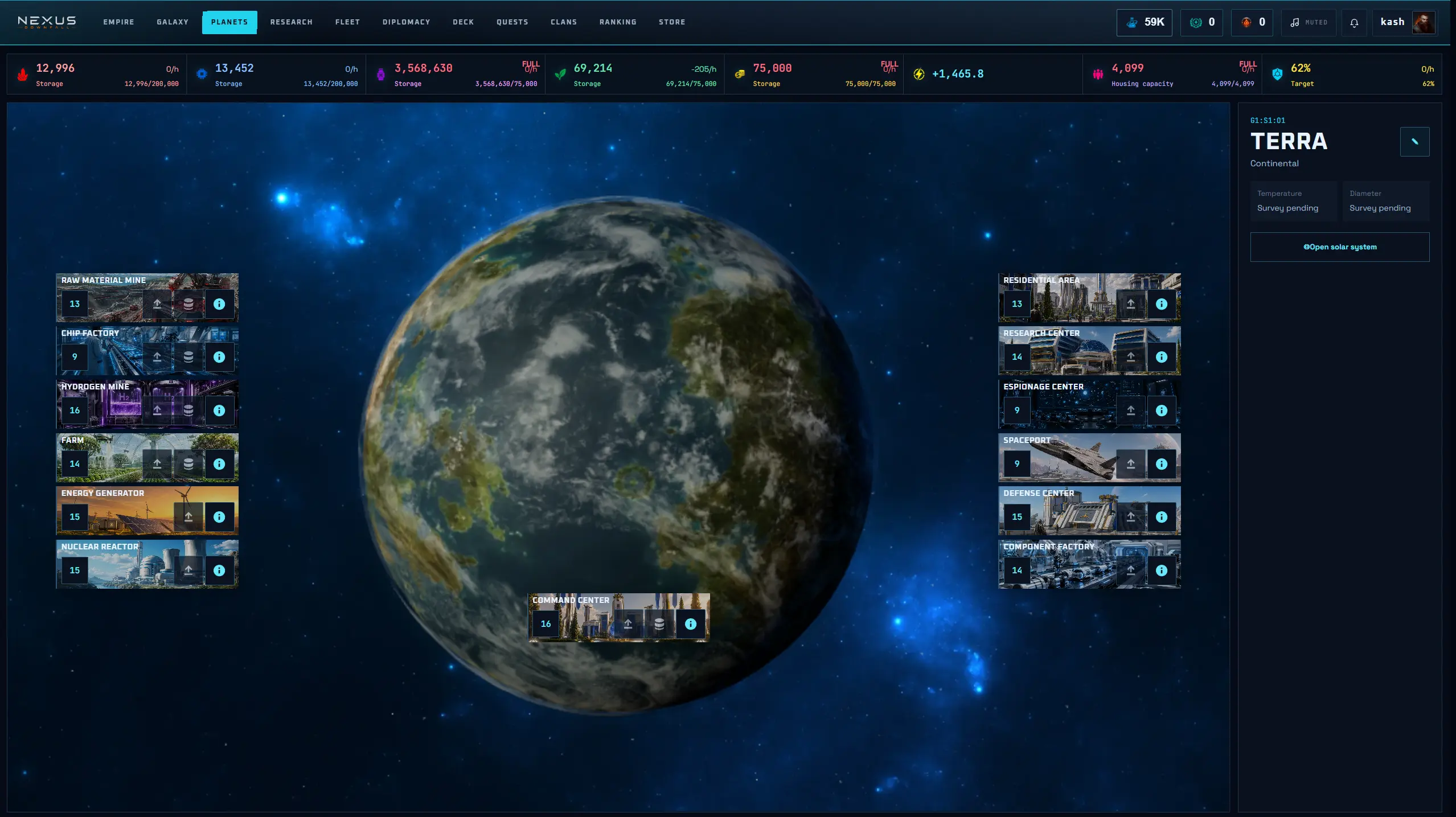 Nexus: Downfall interface showing a 3D planet view with buildings, resources and management controls