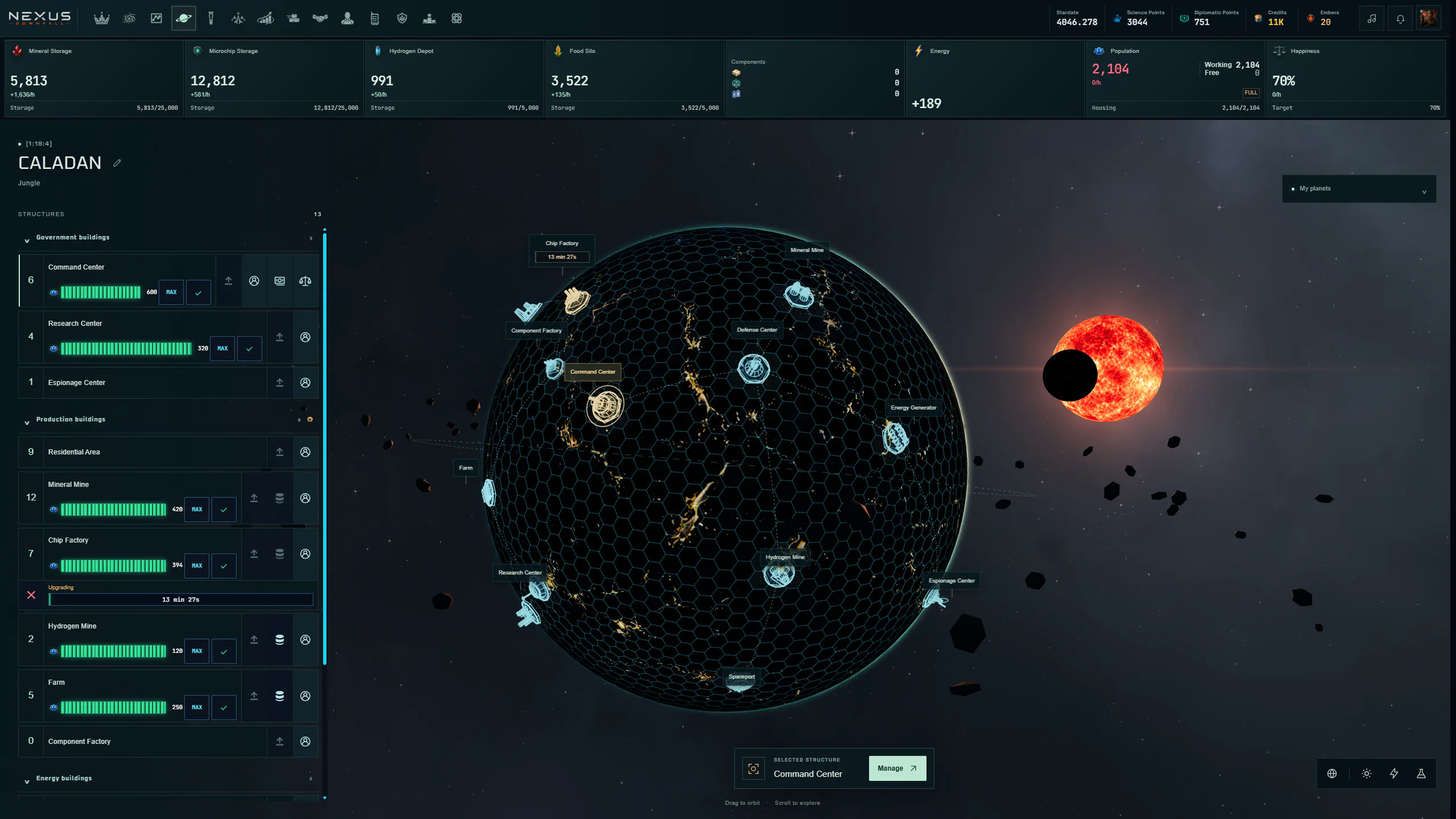 Caladan's planetary management screen showing a developed world, buildings, resources, population and happiness