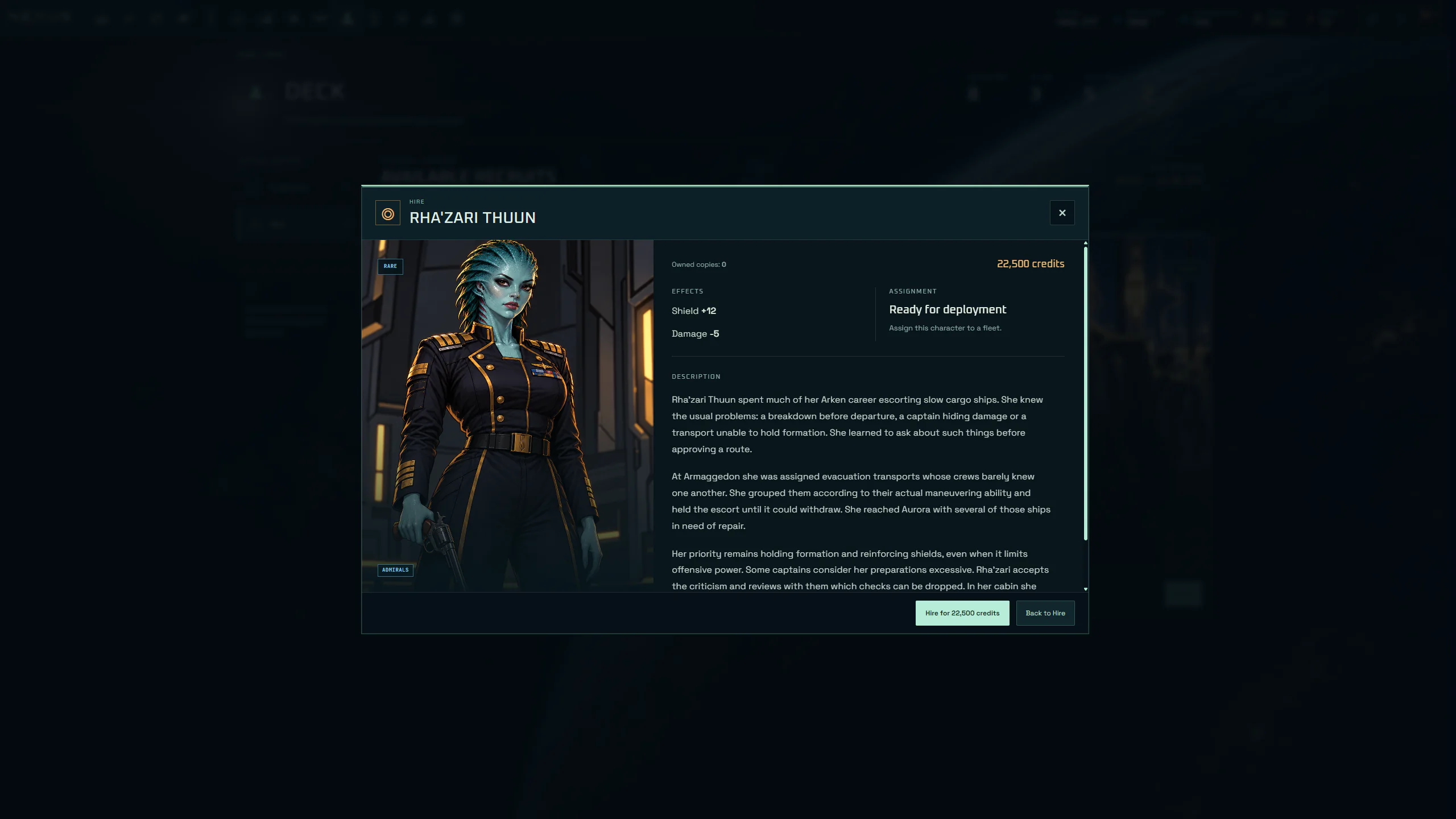 Officer recruitment screen for Rha’zari Thuun with her portrait, effects and biography