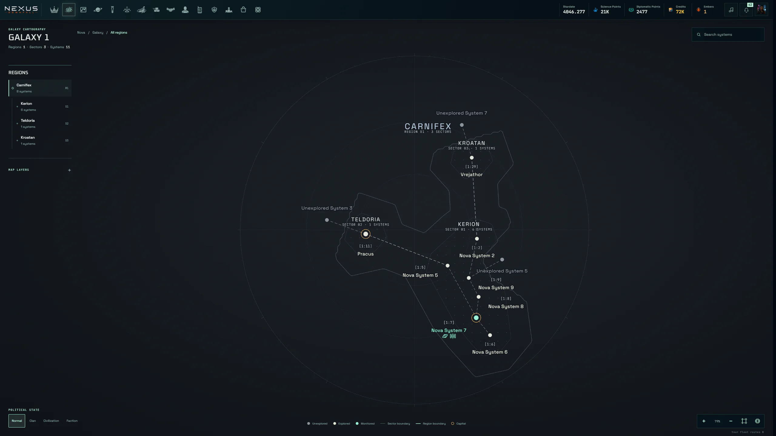 Galaxy map showing regions, sectors, known systems and connected routes