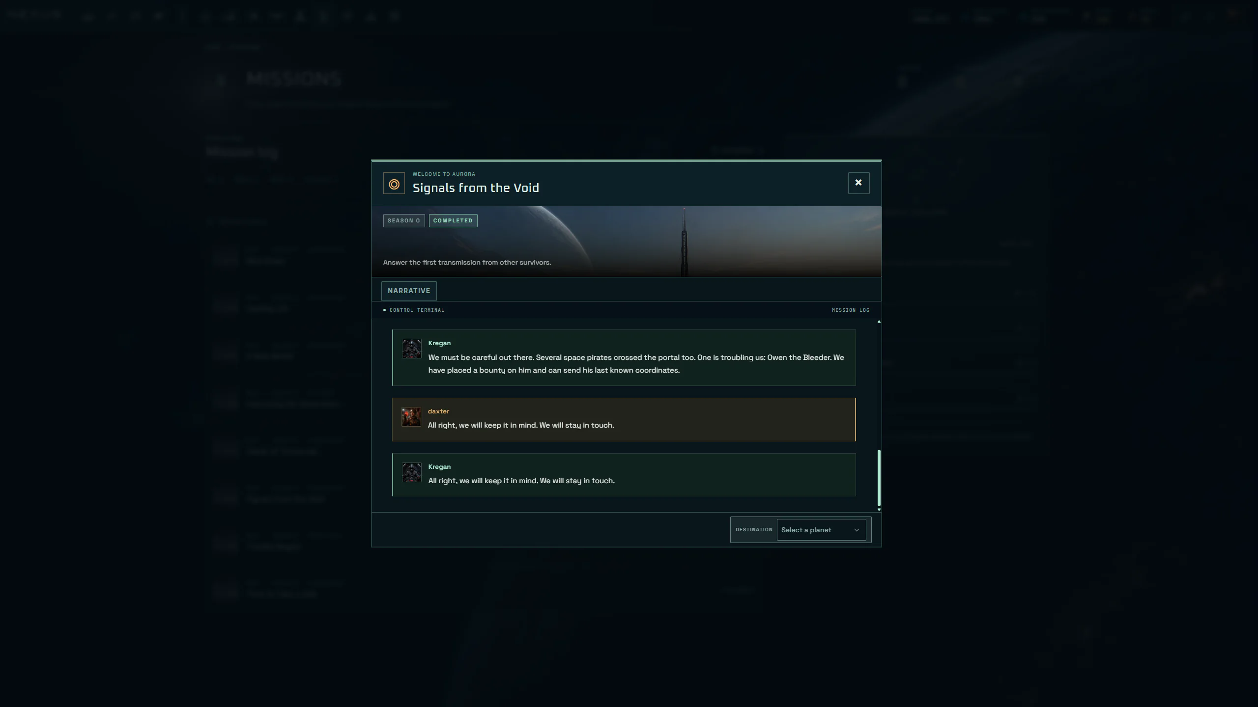 Narrative mission screen showing a conversation and destination choice