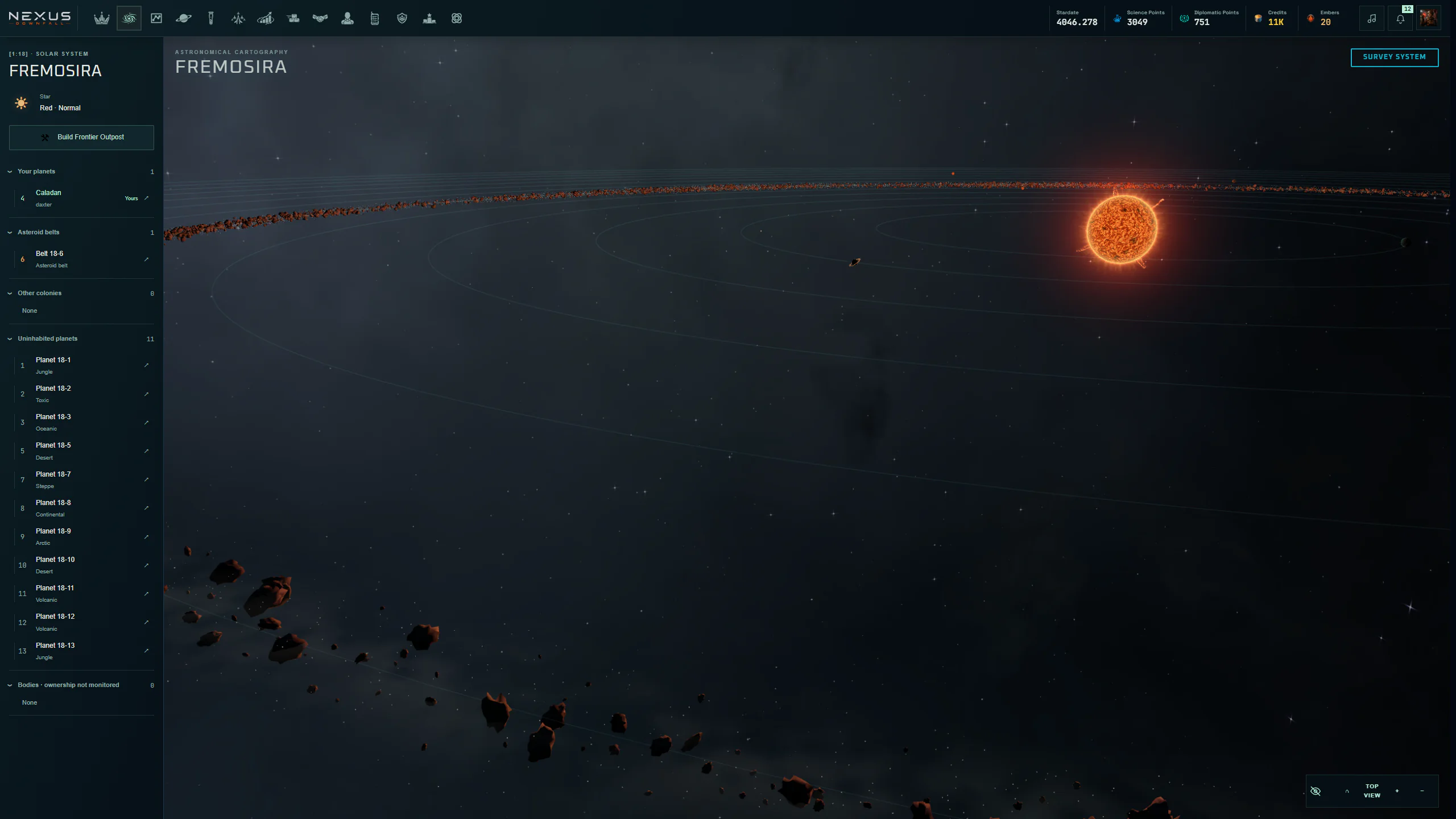 Full solar system view of Fremosira showing its star, planets, asteroid belt and orbital paths