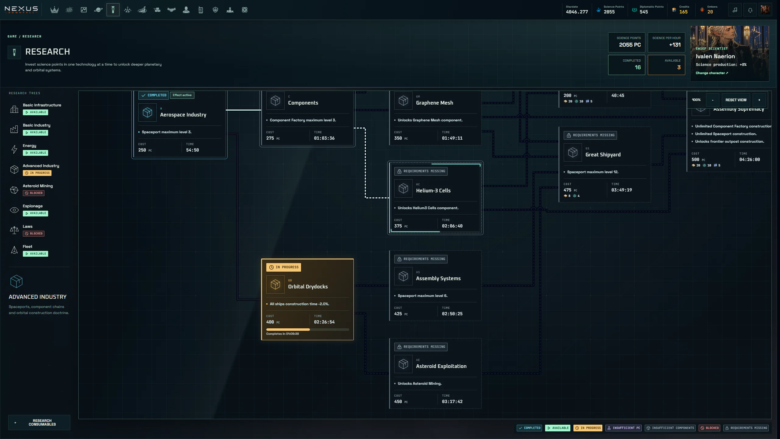 Advanced Industry research tree with connected technologies, requirements and progress states