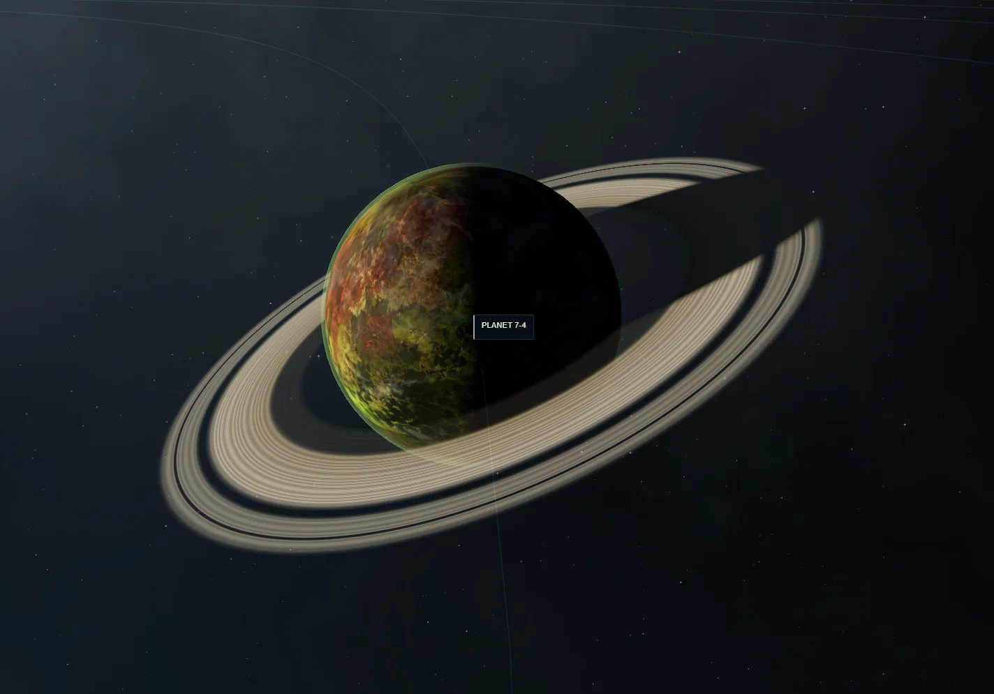 Close orbital view of a ringed planet in Nexus: Downfall